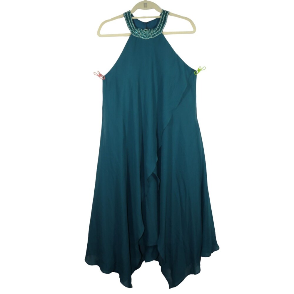 JJ's House Deep Teal Beaded Faux Pearl Neckline Flowy Formal Dress Size L